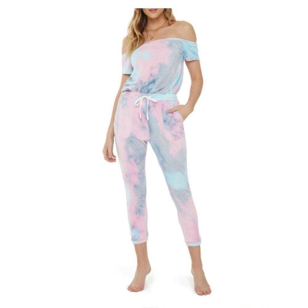 VCI Women's Off the Shoulder Knit Crop Jumpsuit in Pastel Tie Dye